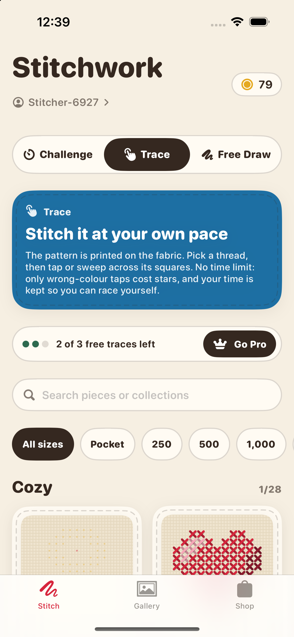 Stitchwork on iPhone: Challenge, Trace, and Free Draw modes above a searchable collection of embroidery patterns, including a red heart.