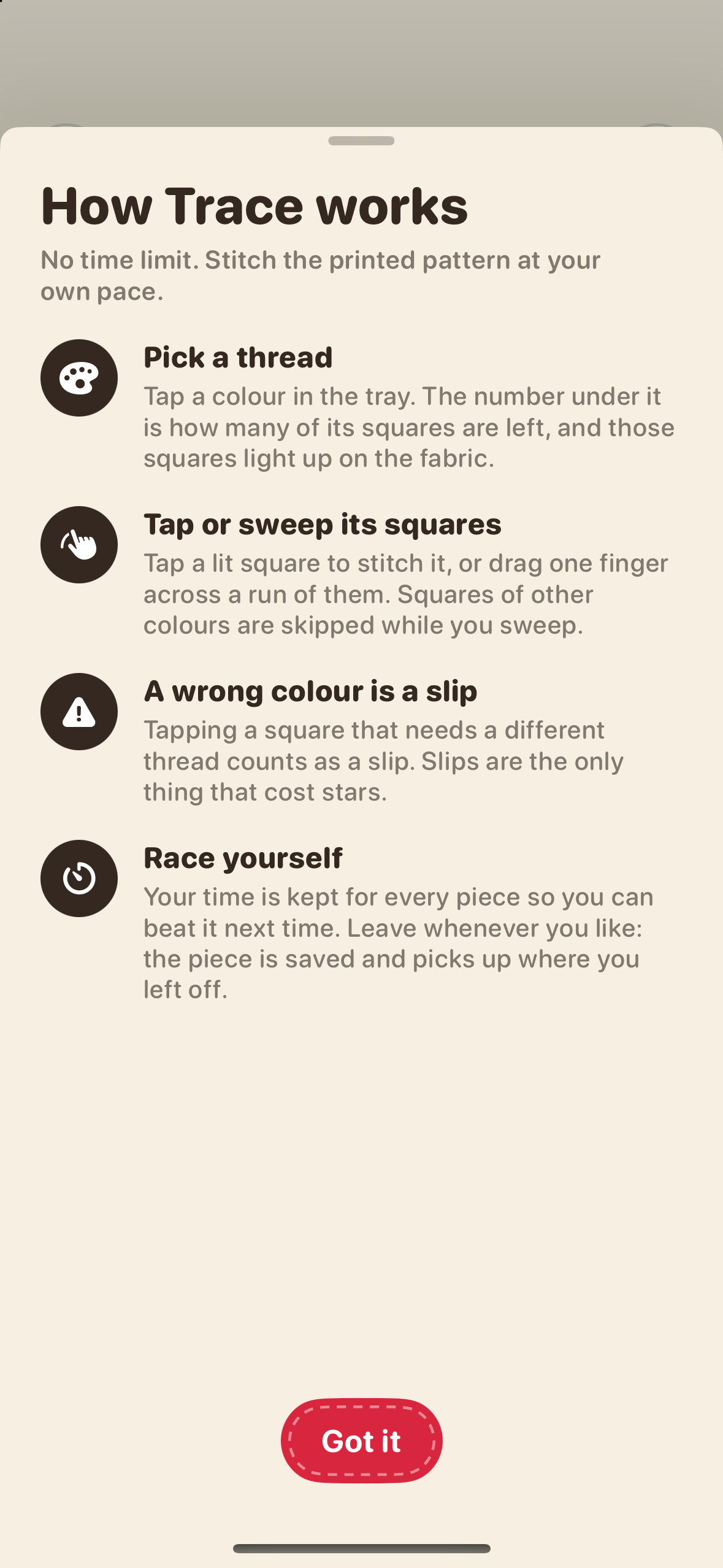 Trace guide: choose a color to light up its squares; tap or sweep matching squares; wrong-color taps are slips and cost stars; time and progress are saved so you can return later.